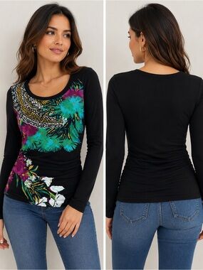 Kay Unger Black Long Sleeve Scoop Neck Top with Teal & Magenta Floral Print